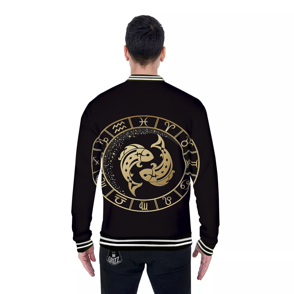 Zodiac Sign Golden Pisces Print Baseball Jacket-grizzshop
