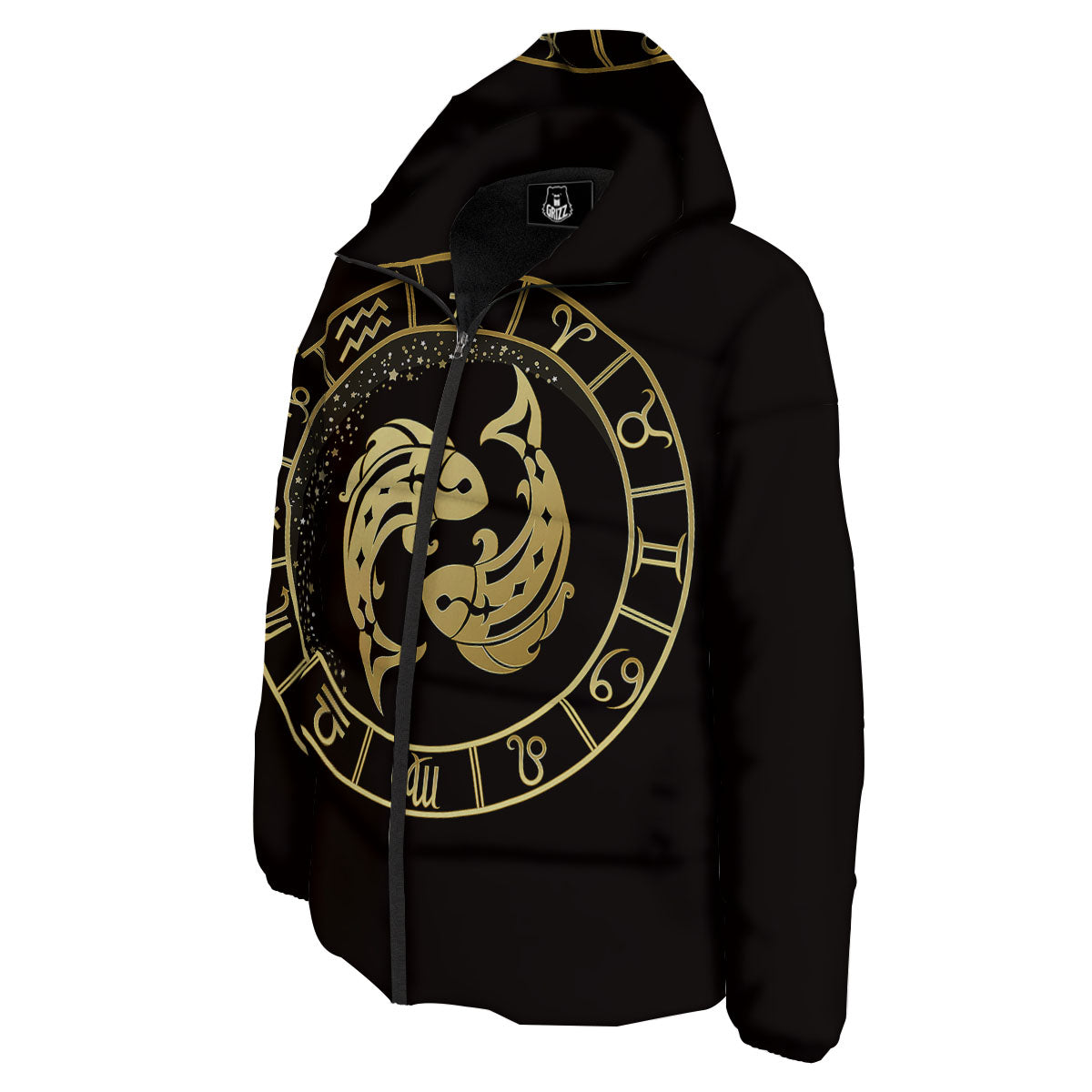 Zodiac Sign Golden Pisces Print Down Jacket-grizzshop