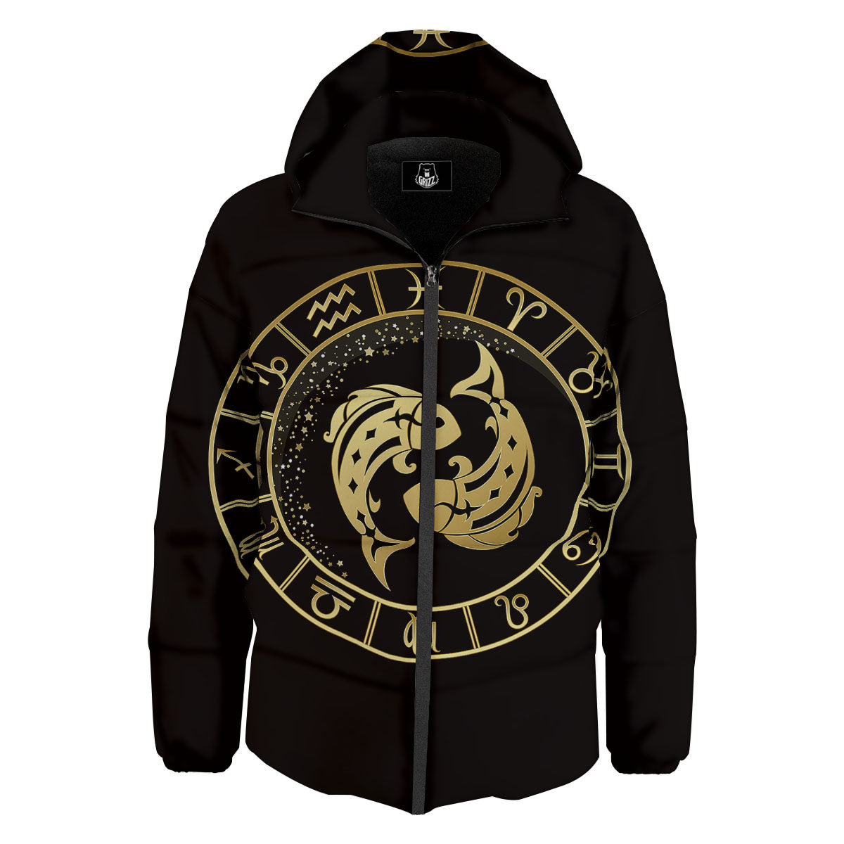 Zodiac Sign Golden Pisces Print Down Jacket-grizzshop