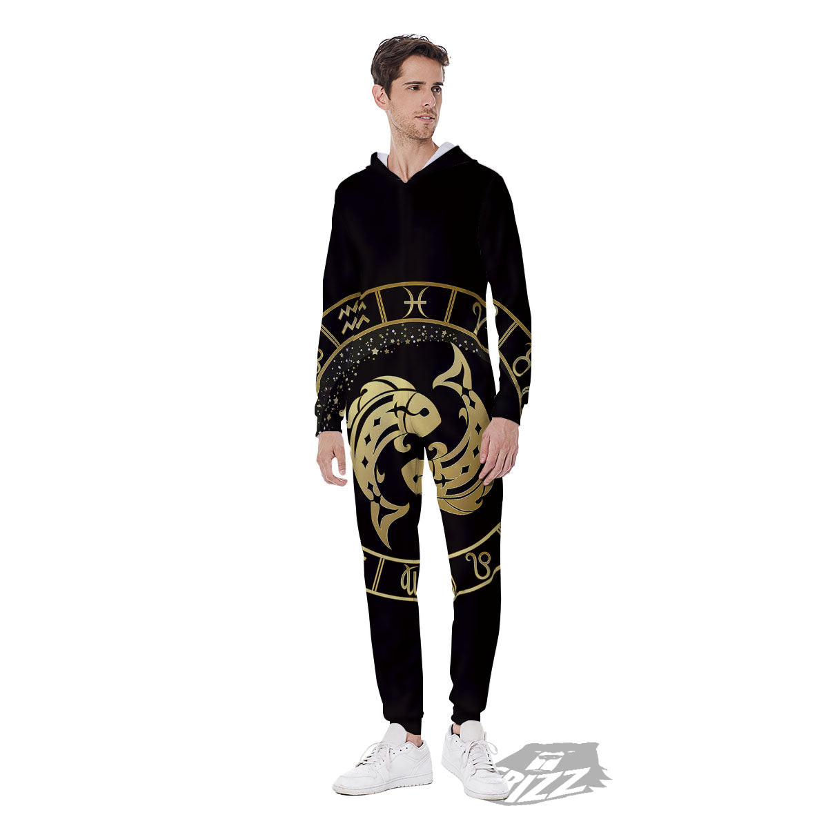 Zodiac Sign Golden Pisces Print Men's Jumpsuit-grizzshop