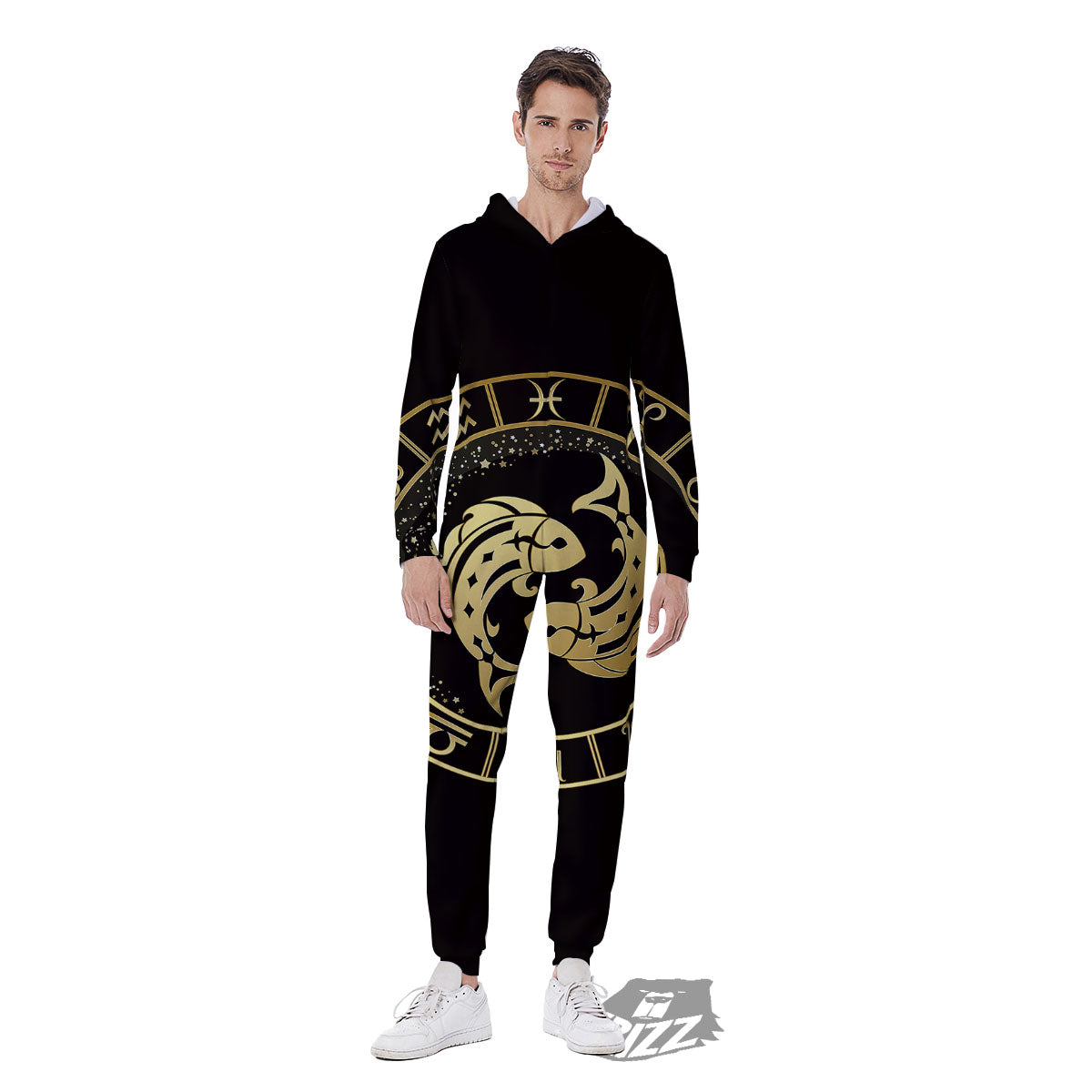 Zodiac Sign Golden Pisces Print Men's Jumpsuit-grizzshop