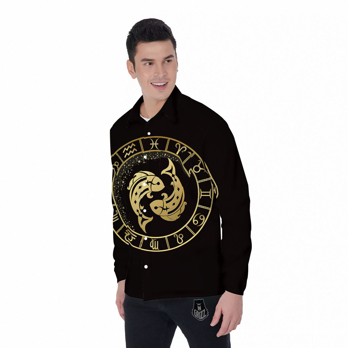 Zodiac Sign Golden Pisces Print Men's Long Sleeve Shirts-grizzshop