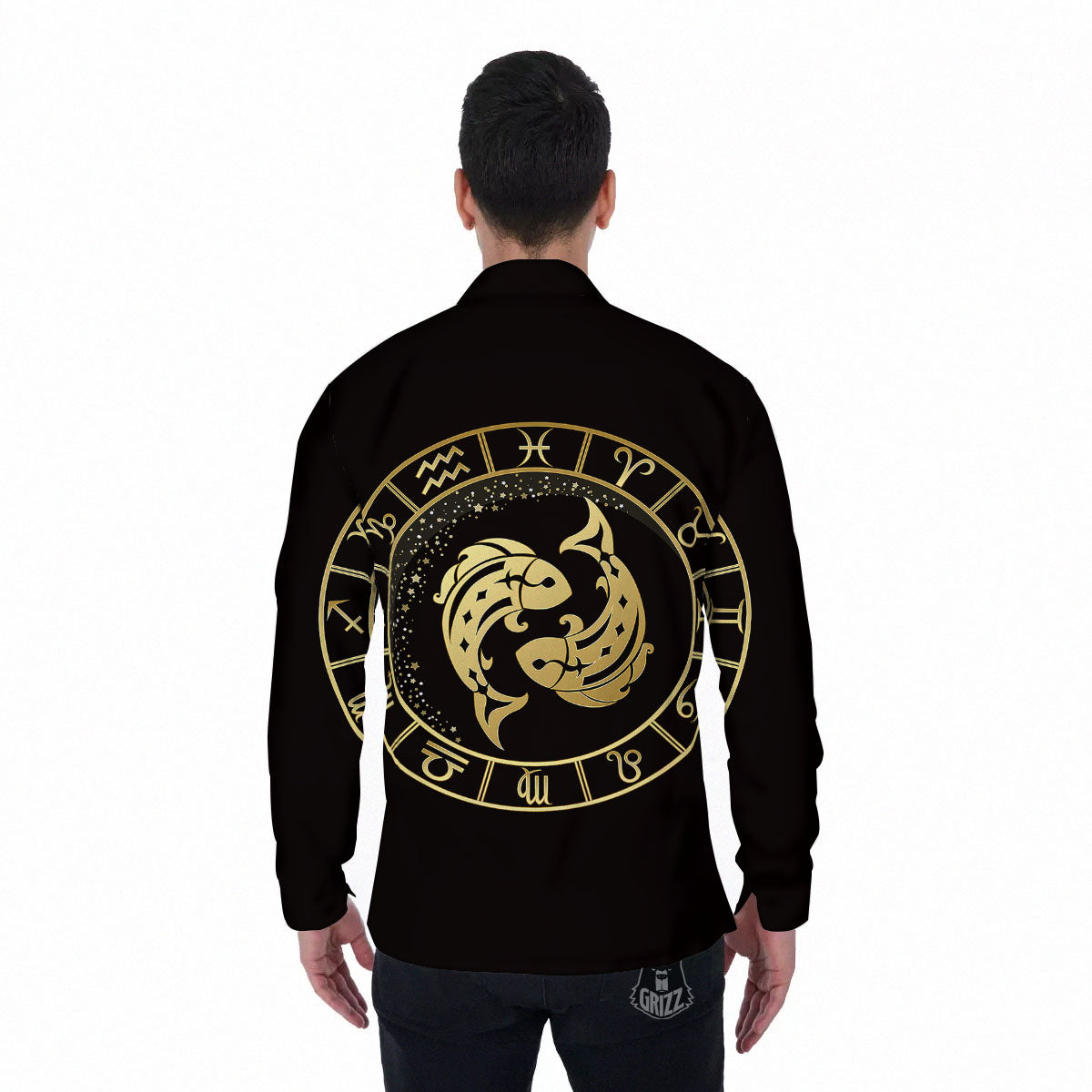 Zodiac Sign Golden Pisces Print Men's Long Sleeve Shirts-grizzshop