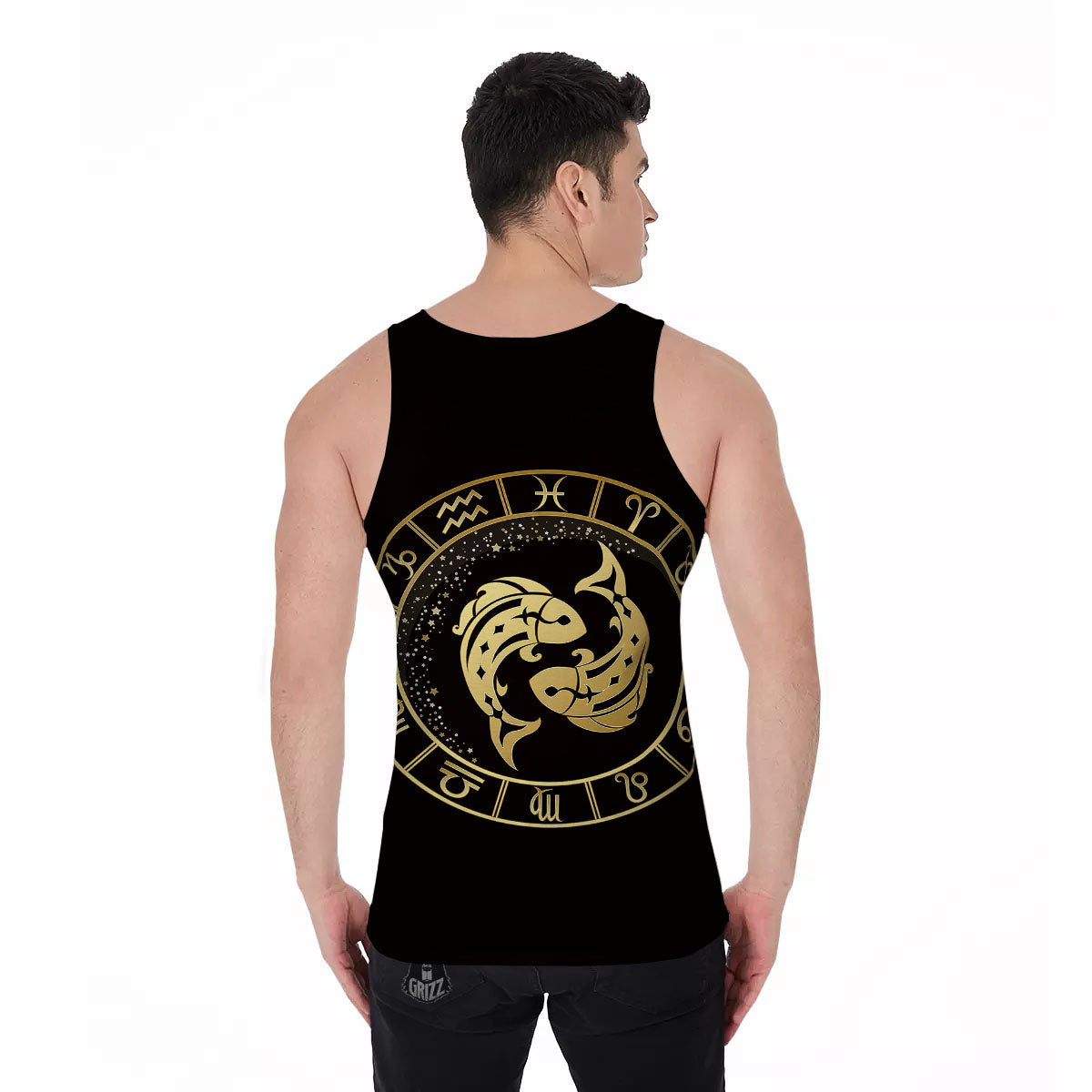 Zodiac Sign Golden Pisces Print Men's Tank Top-grizzshop