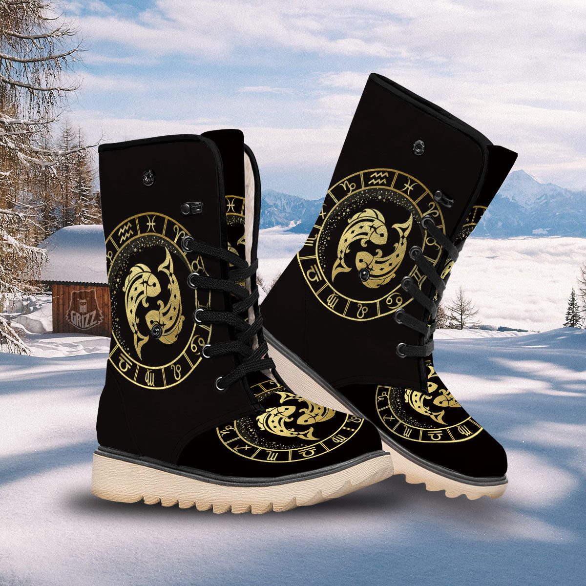 Zodiac Sign Golden Pisces Print Snow Boots-grizzshop
