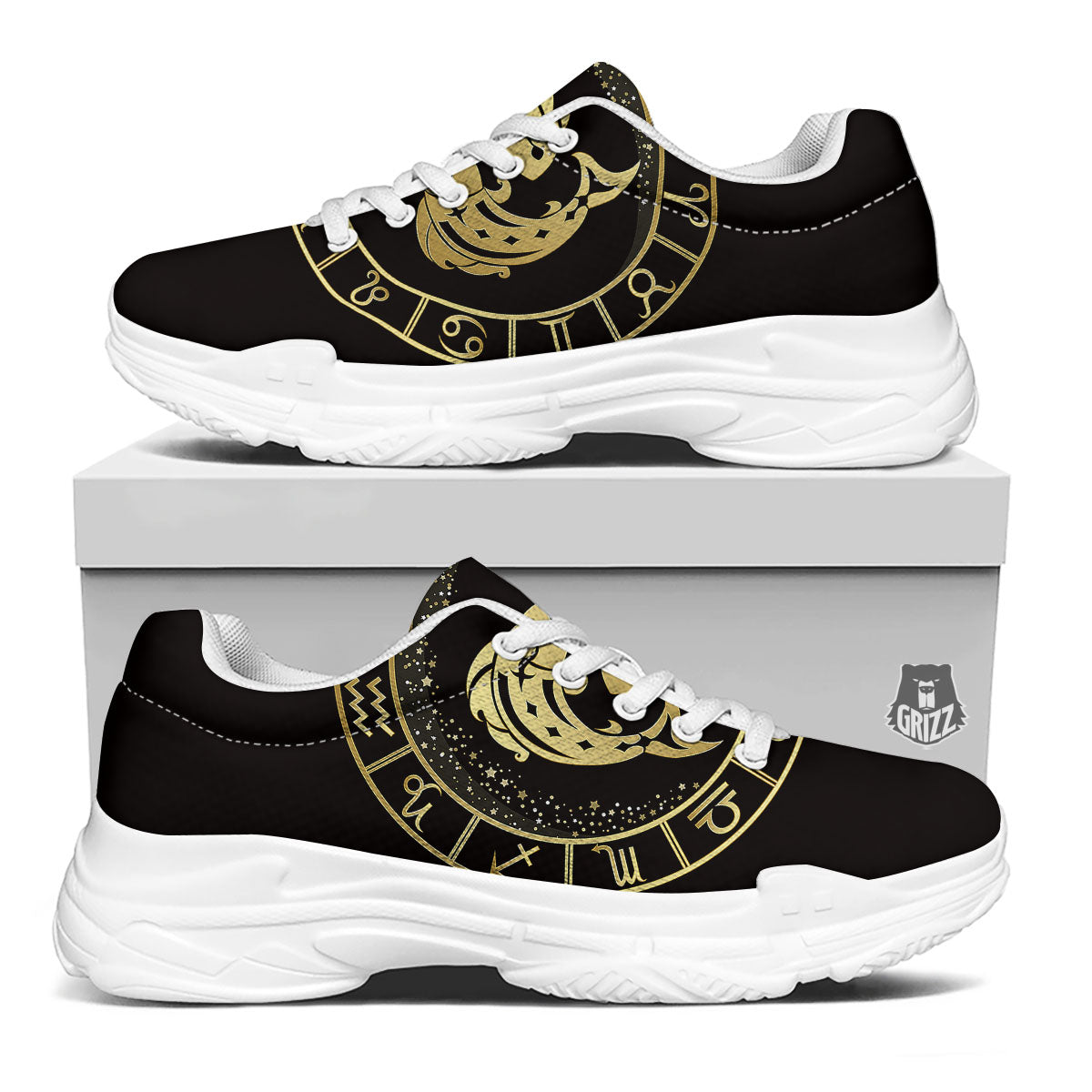 Zodiac Sign Golden Pisces Print White Chunky Shoes-grizzshop