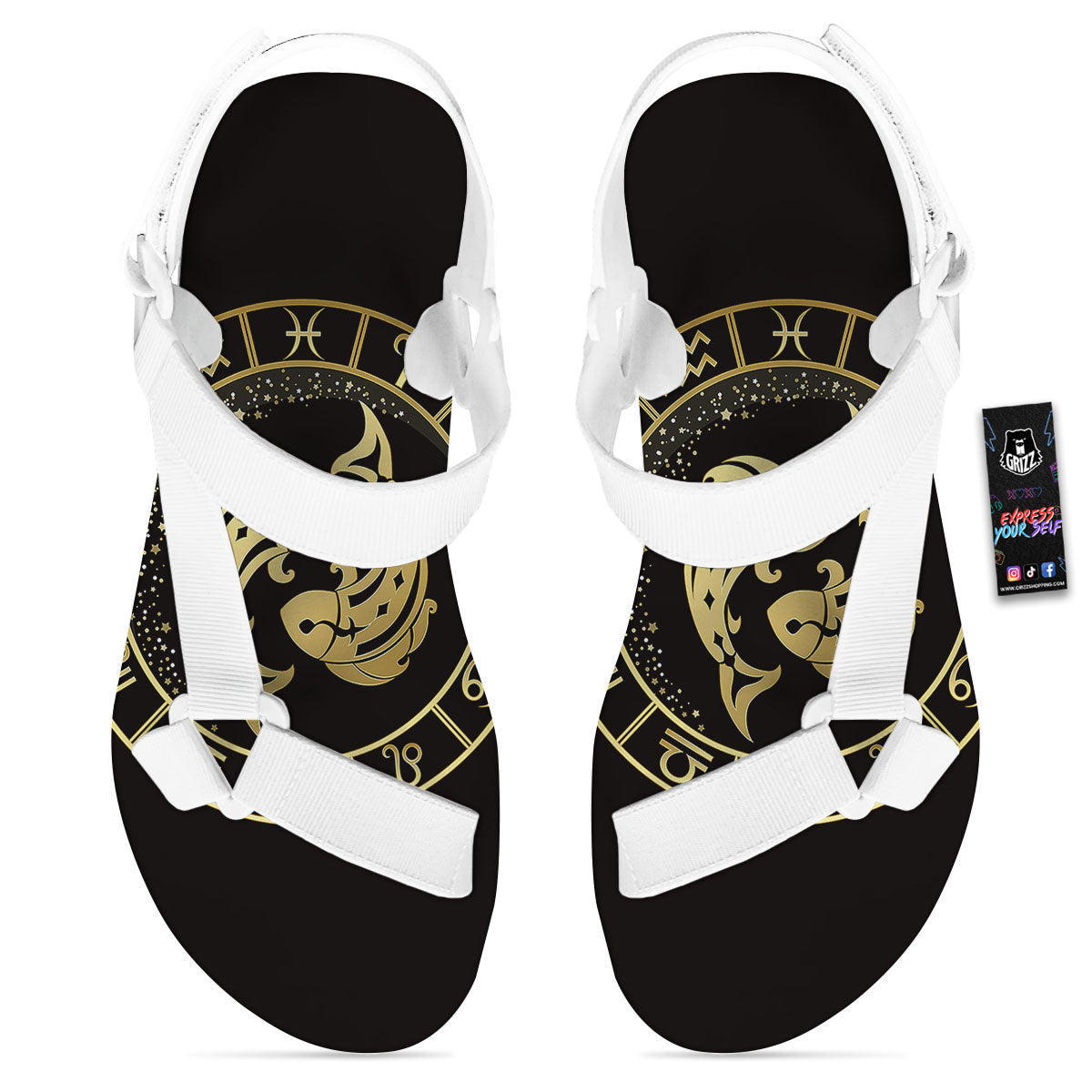 Zodiac Sign Golden Pisces Print White Open Toe Sandals-grizzshop