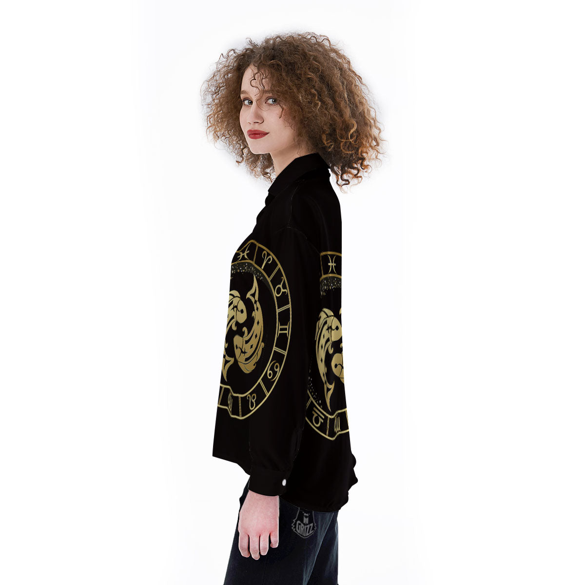 Zodiac Sign Golden Pisces Print Women's Long Sleeve Shirts-grizzshop