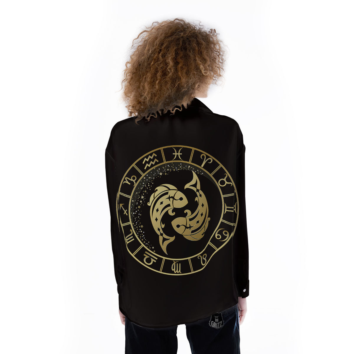 Zodiac Sign Golden Pisces Print Women's Long Sleeve Shirts-grizzshop