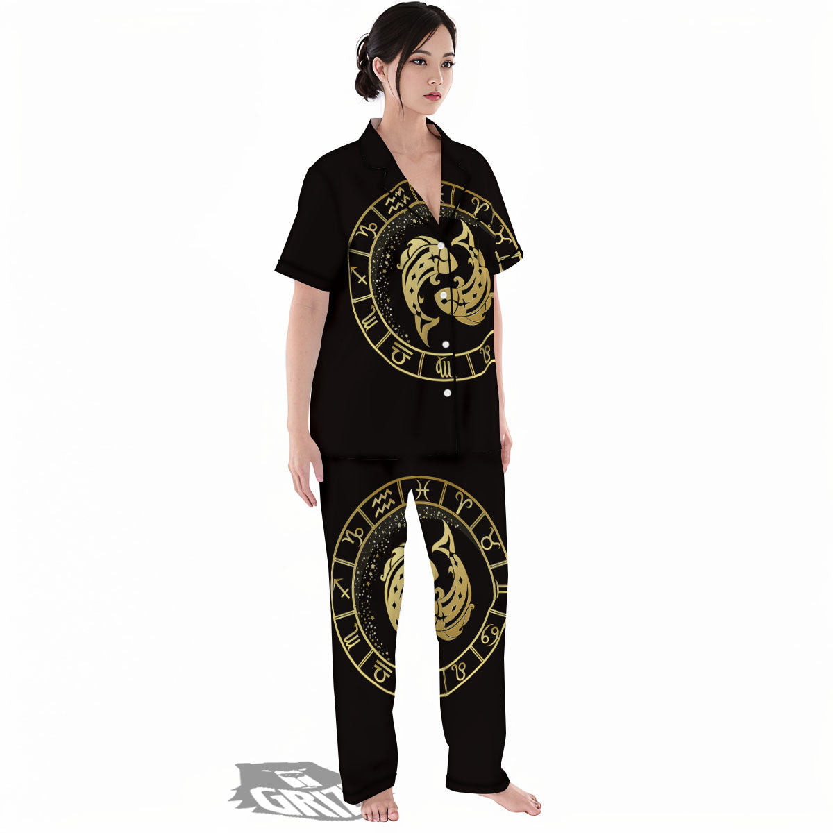 Zodiac Sign Golden Pisces Print Women's Pajamas Set-grizzshop