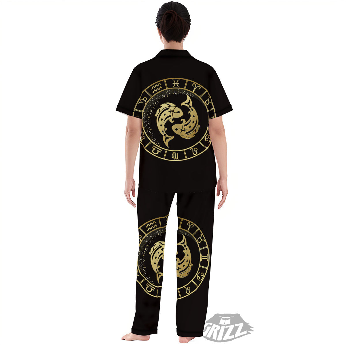 Zodiac Sign Golden Pisces Print Women's Pajamas Set-grizzshop