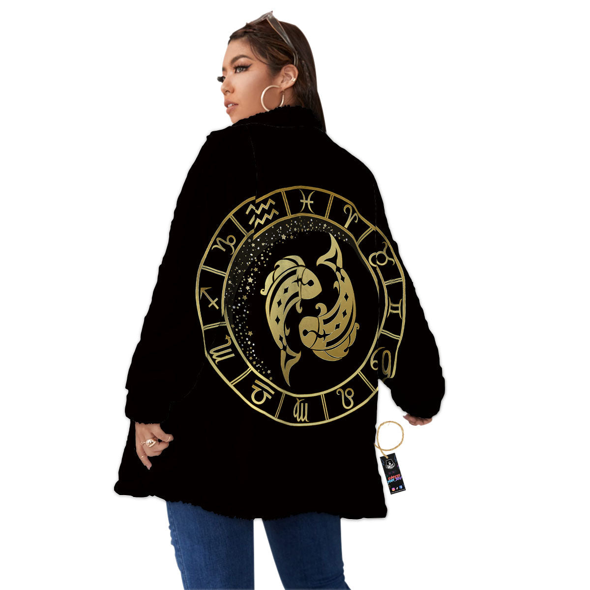 Zodiac Sign Golden Pisces Print Women's Sherpa Jacket-grizzshop