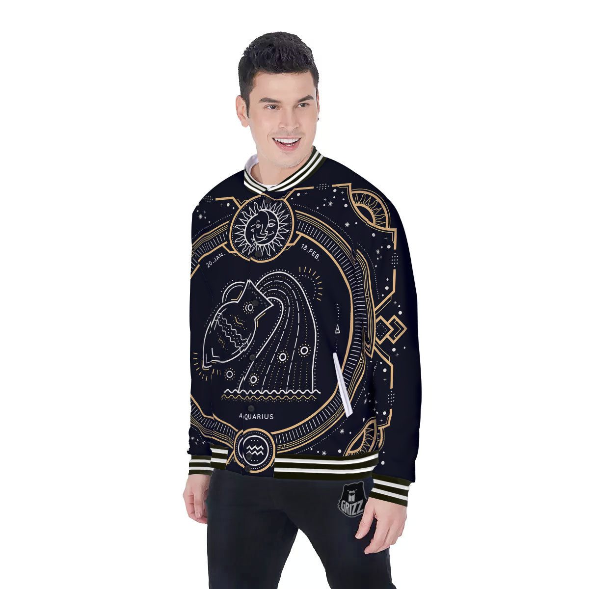 Zodiac Sign Vintage Aquarius Print Baseball Jacket-grizzshop