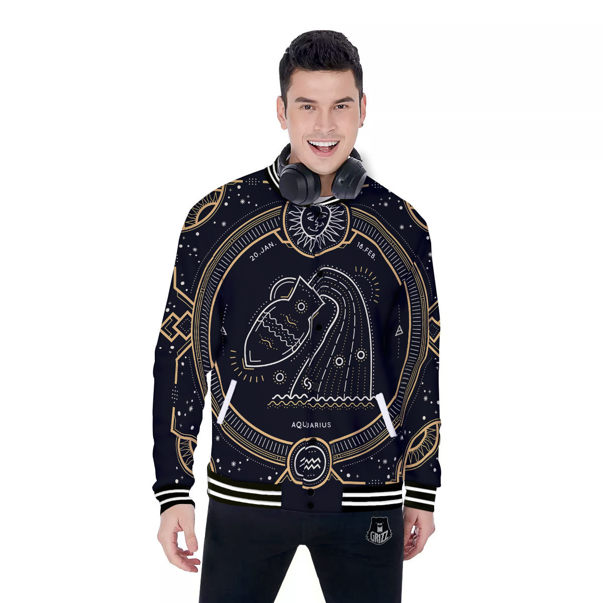 Zodiac Sign Vintage Aquarius Print Baseball Jacket-grizzshop