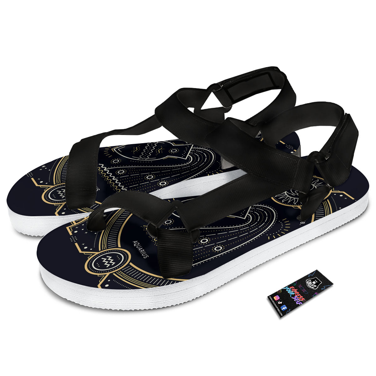 Zodiac Sign Vintage Aquarius Print Black Open Toe Sandals-grizzshop