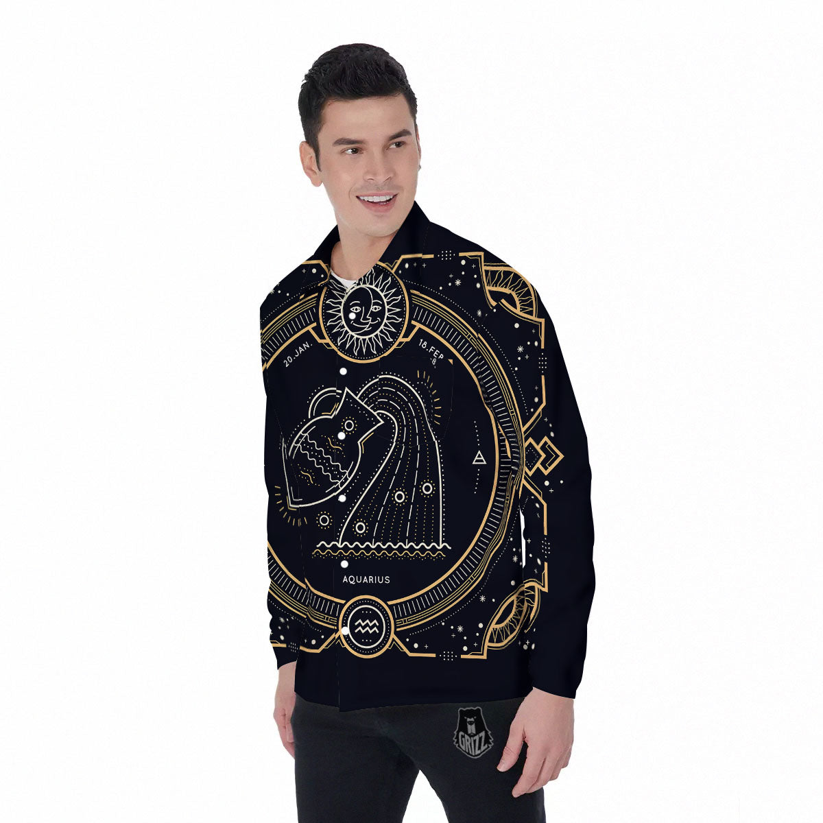 Zodiac Sign Vintage Aquarius Print Men's Long Sleeve Shirts-grizzshop