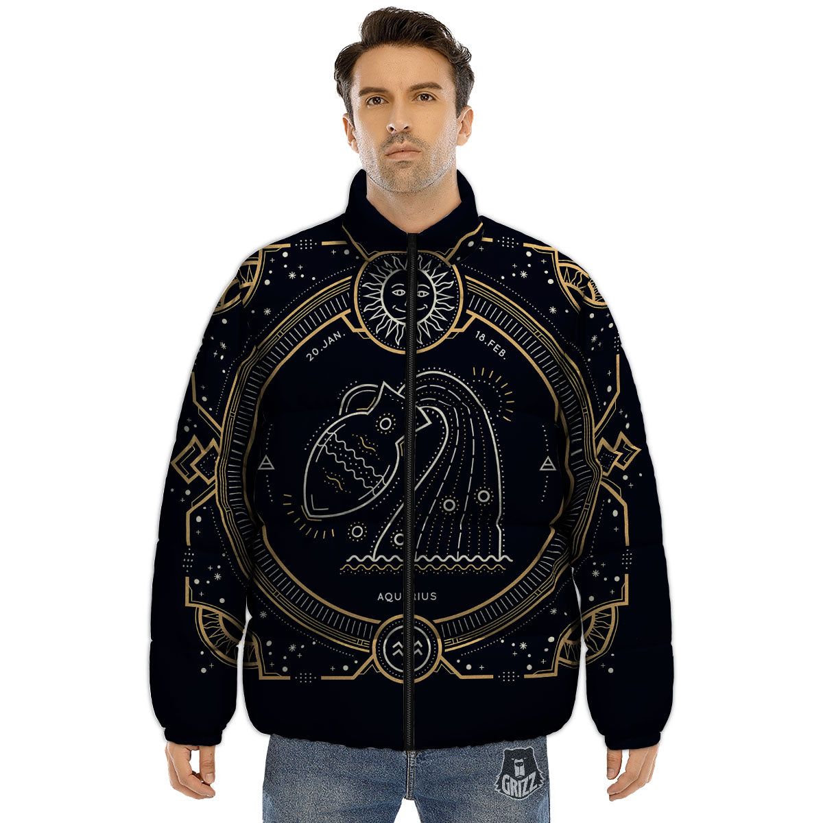 Zodiac Sign Vintage Aquarius Print Puffer Jacket-grizzshop