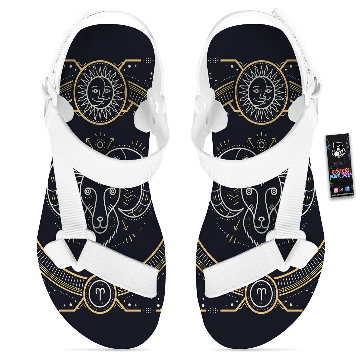 Zodiac Sign Vintage Aries Print White Open Toe Sandals-grizzshop