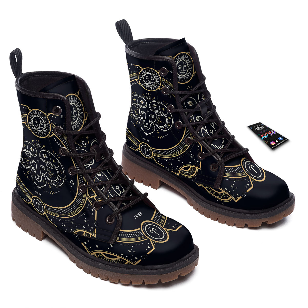 Zodiac Sign Vintage Aries Print Work Boots-grizzshop