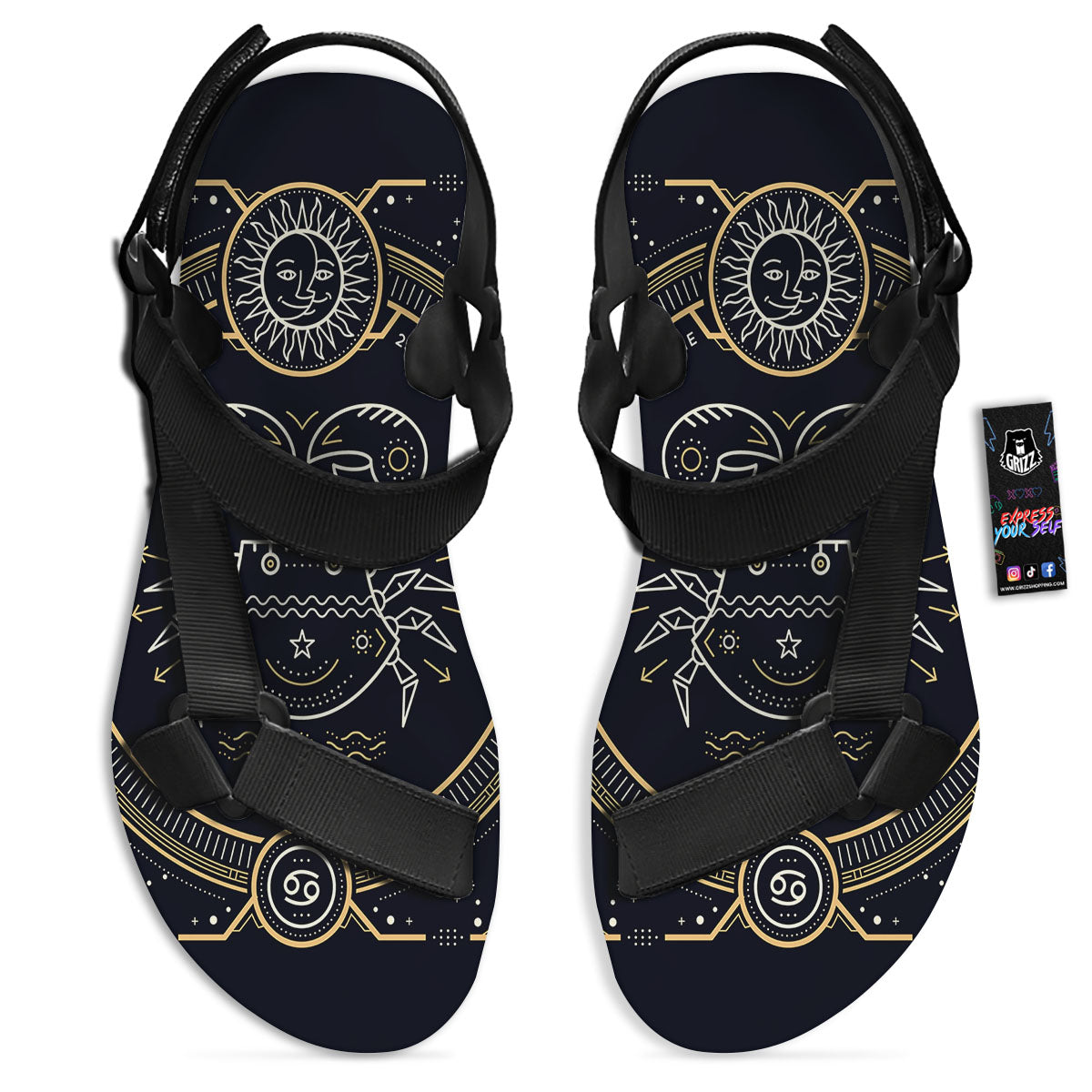 Zodiac Sign Vintage Cancer Print Black Open Toe Sandals-grizzshop