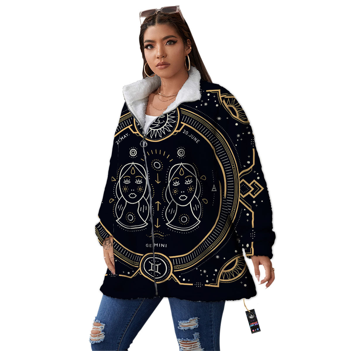 Zodiac Sign Vintage Gemini Print Women's Sherpa Jacket-grizzshop
