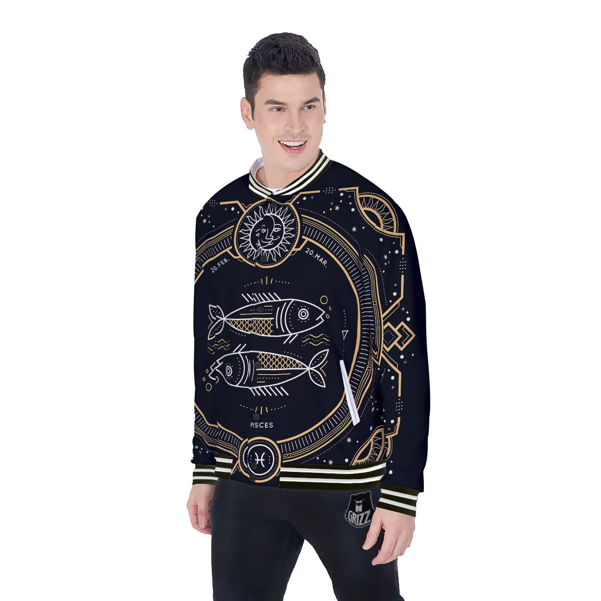 Zodiac Sign Vintage Pisces Print Baseball Jacket-grizzshop