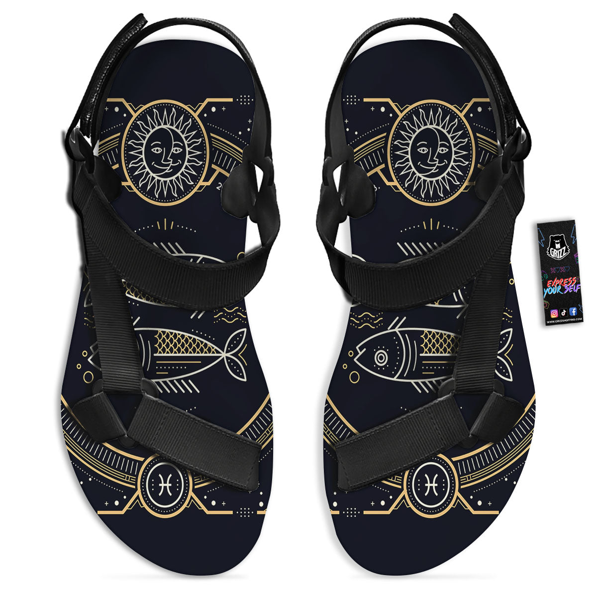 Zodiac Sign Vintage Pisces Print Black Open Toe Sandals-grizzshop