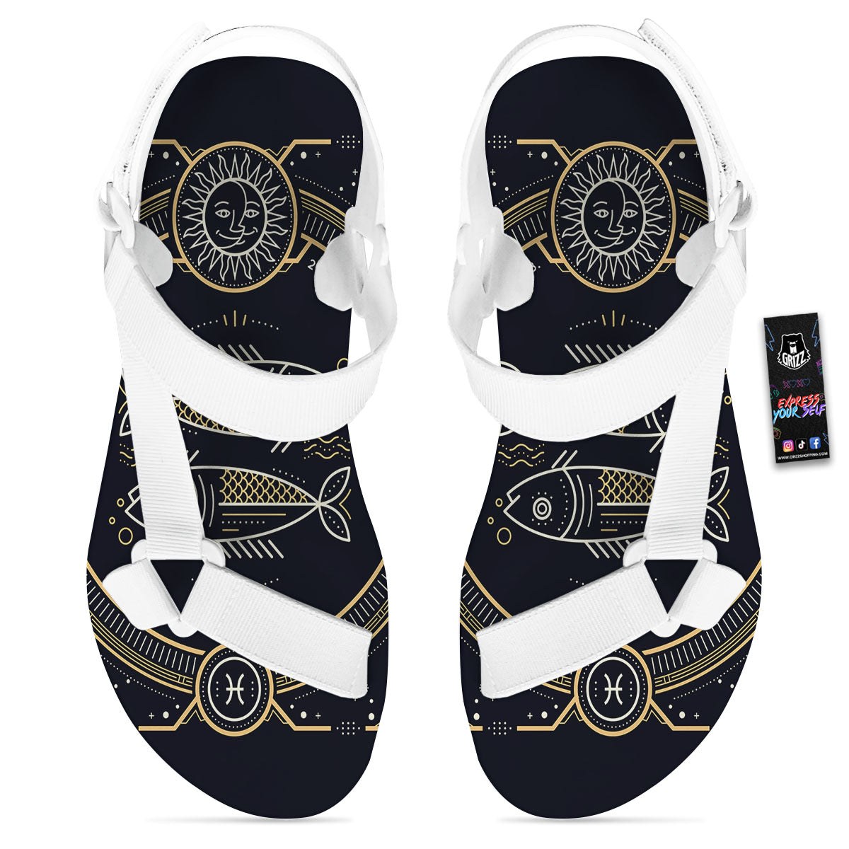 Zodiac Sign Vintage Pisces Print White Open Toe Sandals-grizzshop