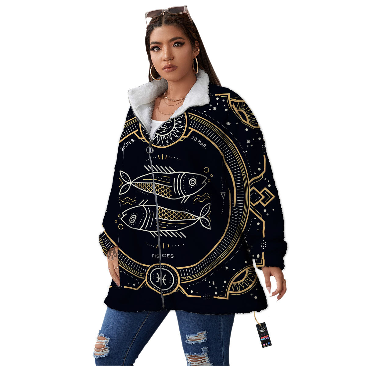 Zodiac Sign Vintage Pisces Print Women's Sherpa Jacket-grizzshop