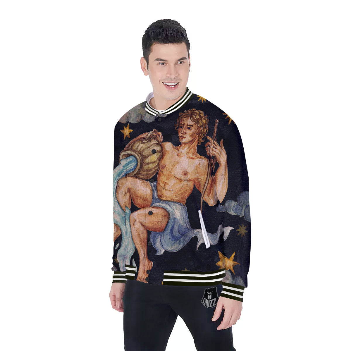 Zodiac Sign Watercolor Aquarius Print Baseball Jacket-grizzshop