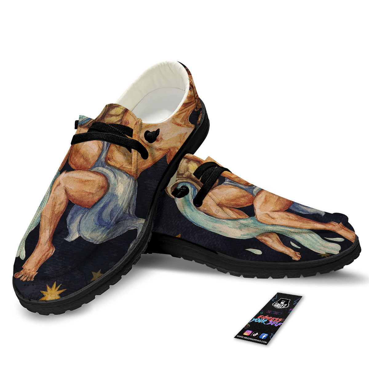 Zodiac Sign Watercolor Aquarius Print Black Loafers-grizzshop