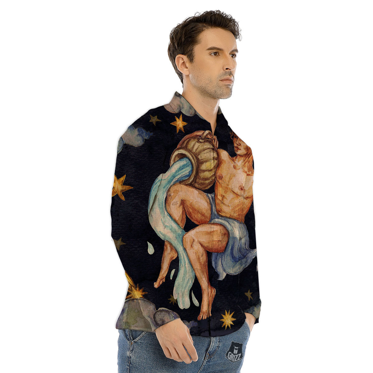 Zodiac Sign Watercolor Aquarius Print Men's Dress Shirts-grizzshop