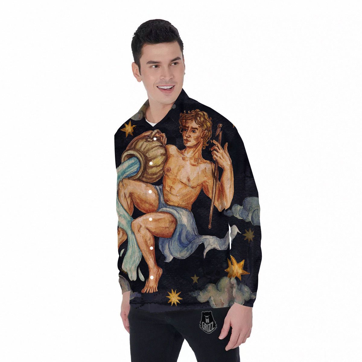 Zodiac Sign Watercolor Aquarius Print Men's Long Sleeve Shirts-grizzshop