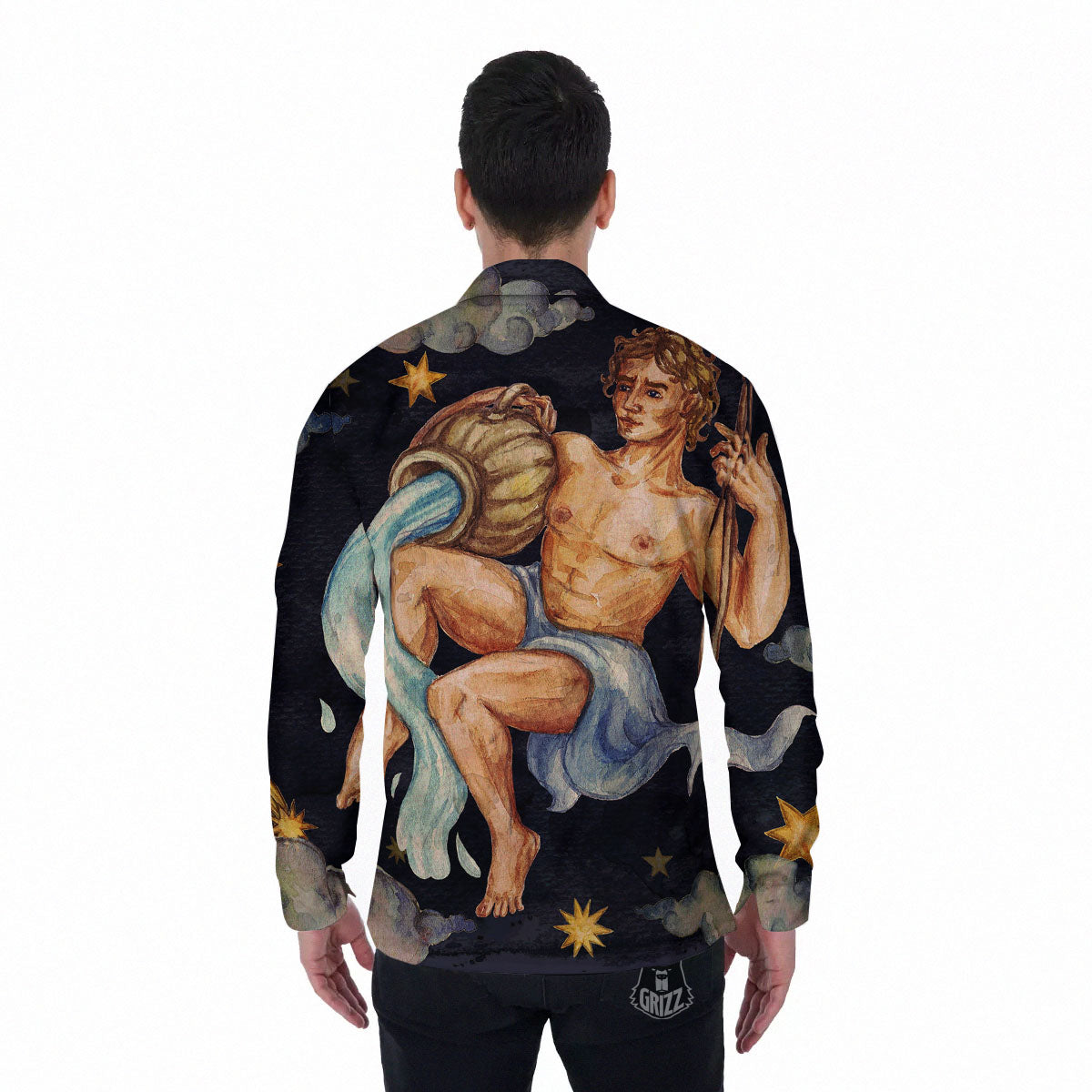 Zodiac Sign Watercolor Aquarius Print Men's Long Sleeve Shirts-grizzshop