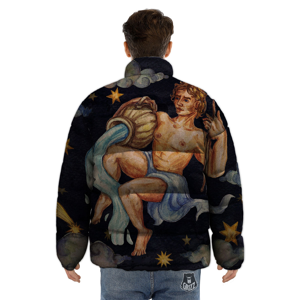 Zodiac Sign Watercolor Aquarius Print Puffer Jacket-grizzshop