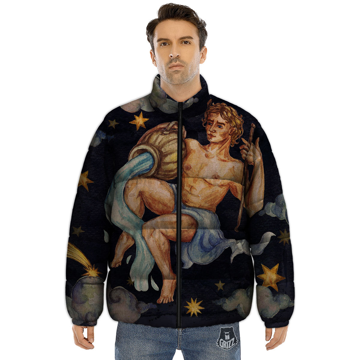 Zodiac Sign Watercolor Aquarius Print Puffer Jacket-grizzshop