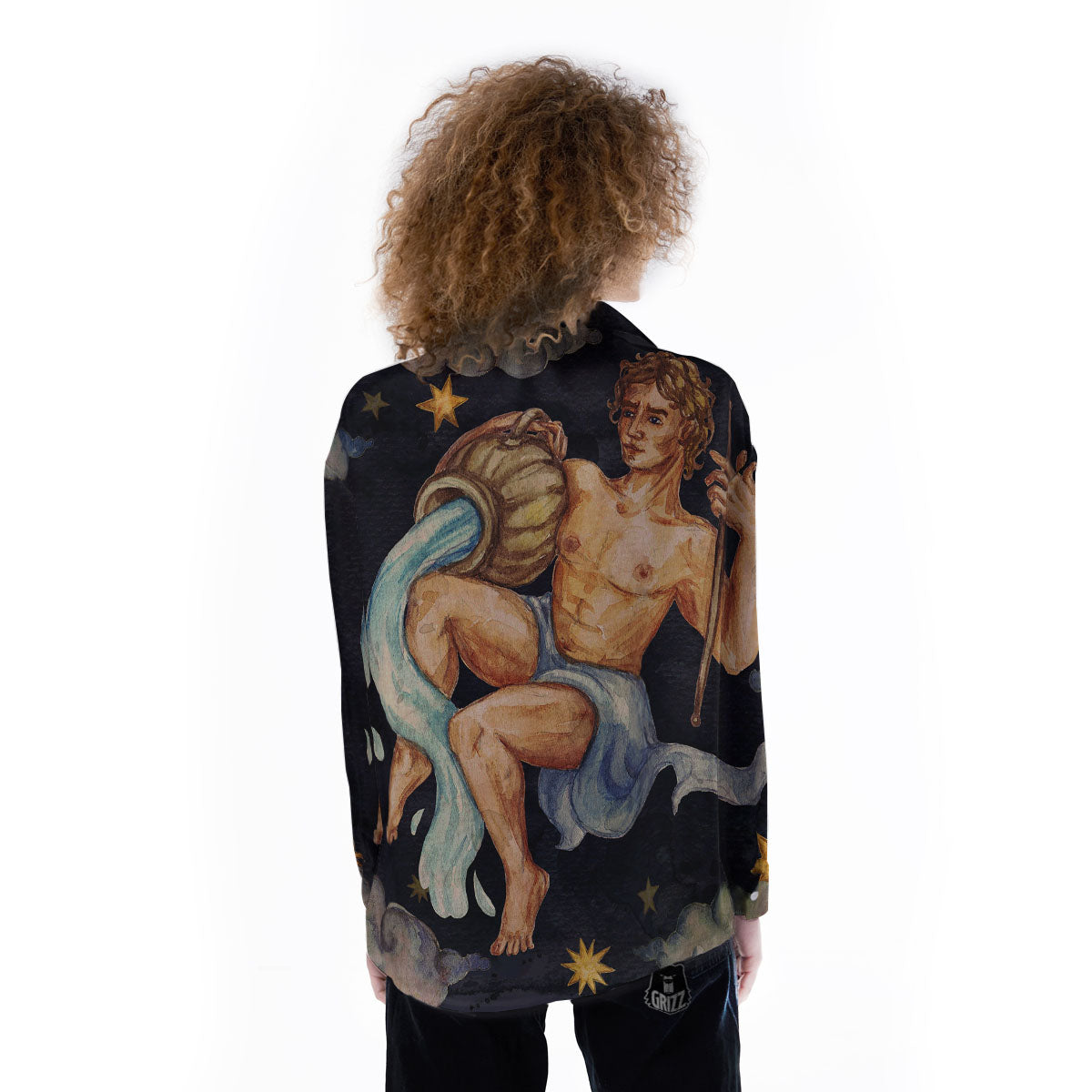 Zodiac Sign Watercolor Aquarius Print Women's Long Sleeve Shirts-grizzshop