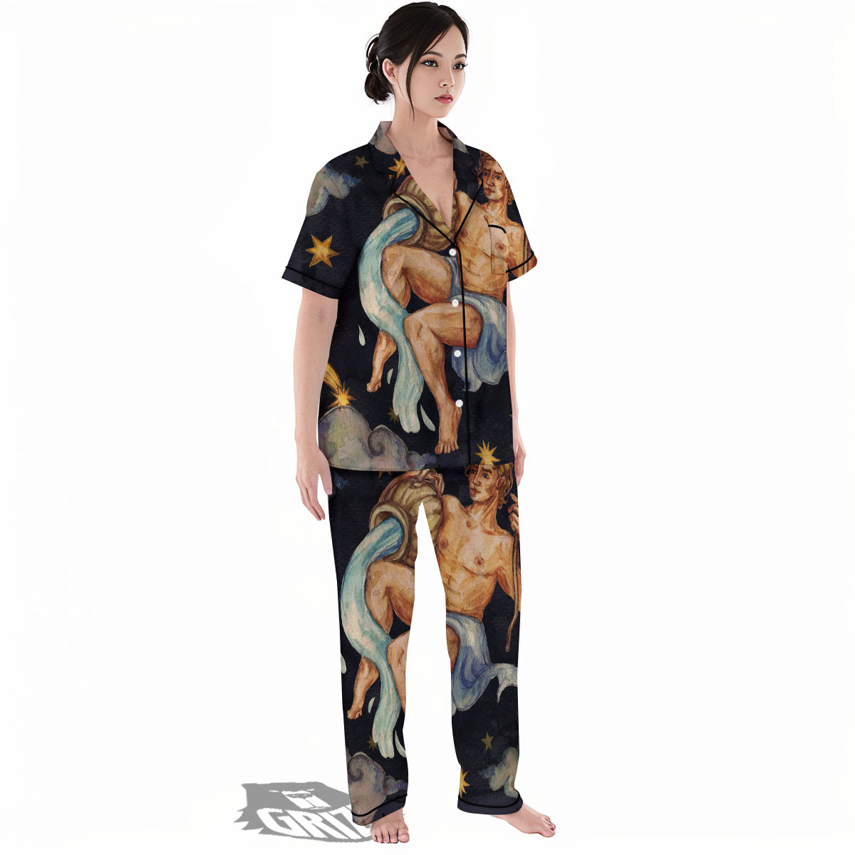 Zodiac Sign Watercolor Aquarius Print Women's Pajamas Set-grizzshop