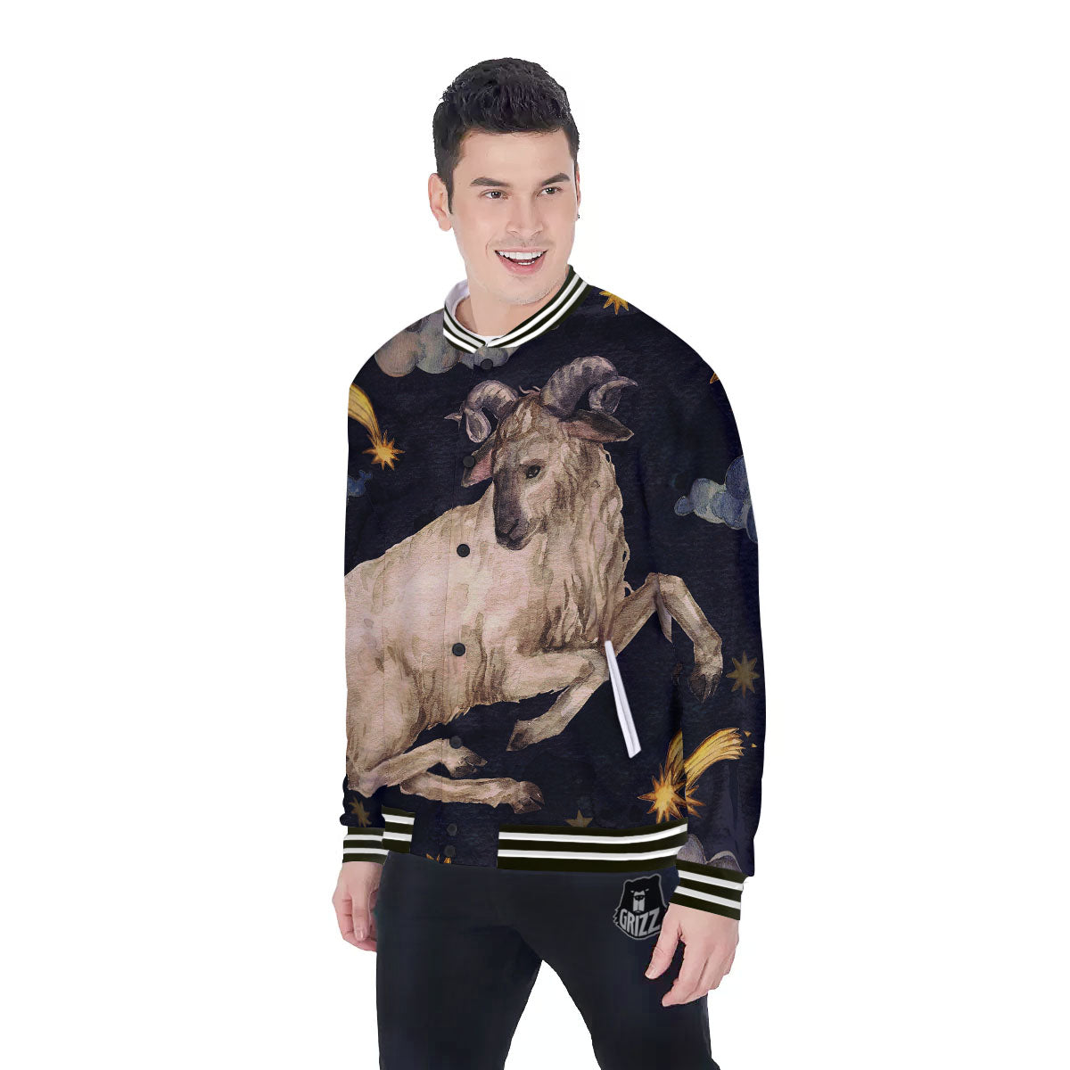 Zodiac Sign Watercolor Aries Print Baseball Jacket-grizzshop