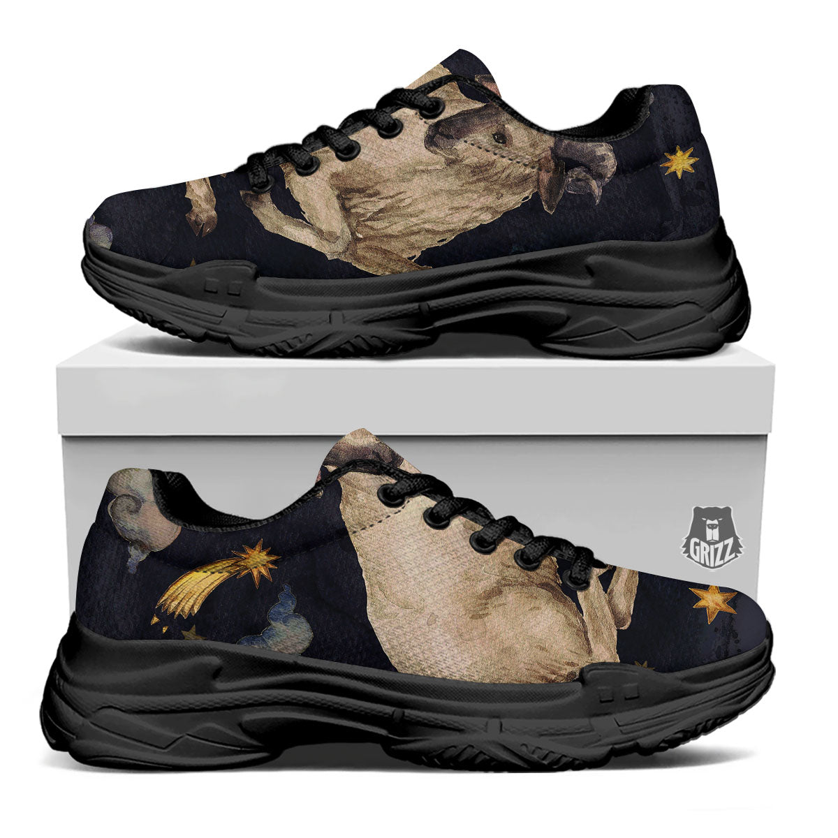 Zodiac Sign Watercolor Aries Print Black Chunky Shoes-grizzshop