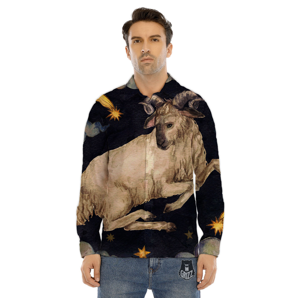 Zodiac Sign Watercolor Aries Print Men's Dress Shirts-grizzshop