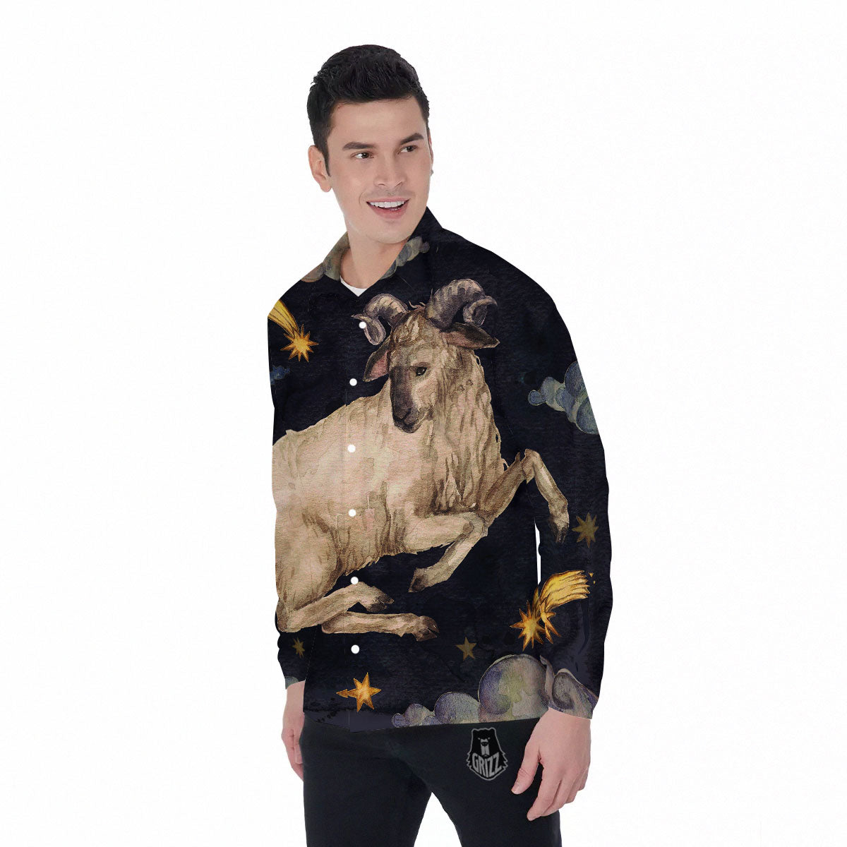 Zodiac Sign Watercolor Aries Print Men's Long Sleeve Shirts-grizzshop
