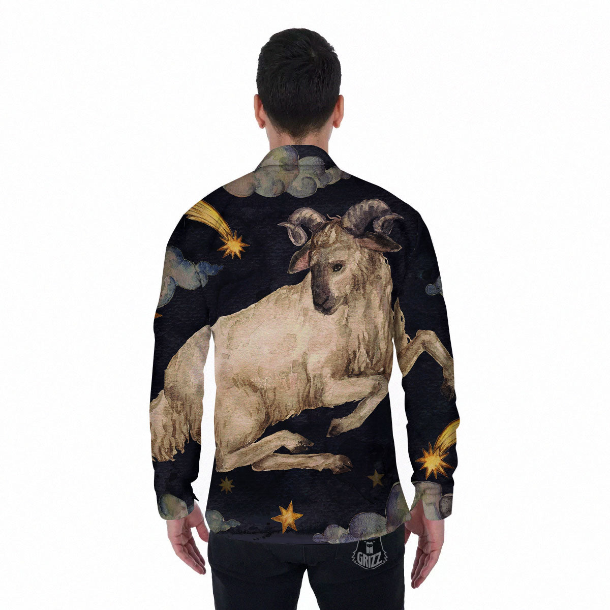 Zodiac Sign Watercolor Aries Print Men's Long Sleeve Shirts-grizzshop