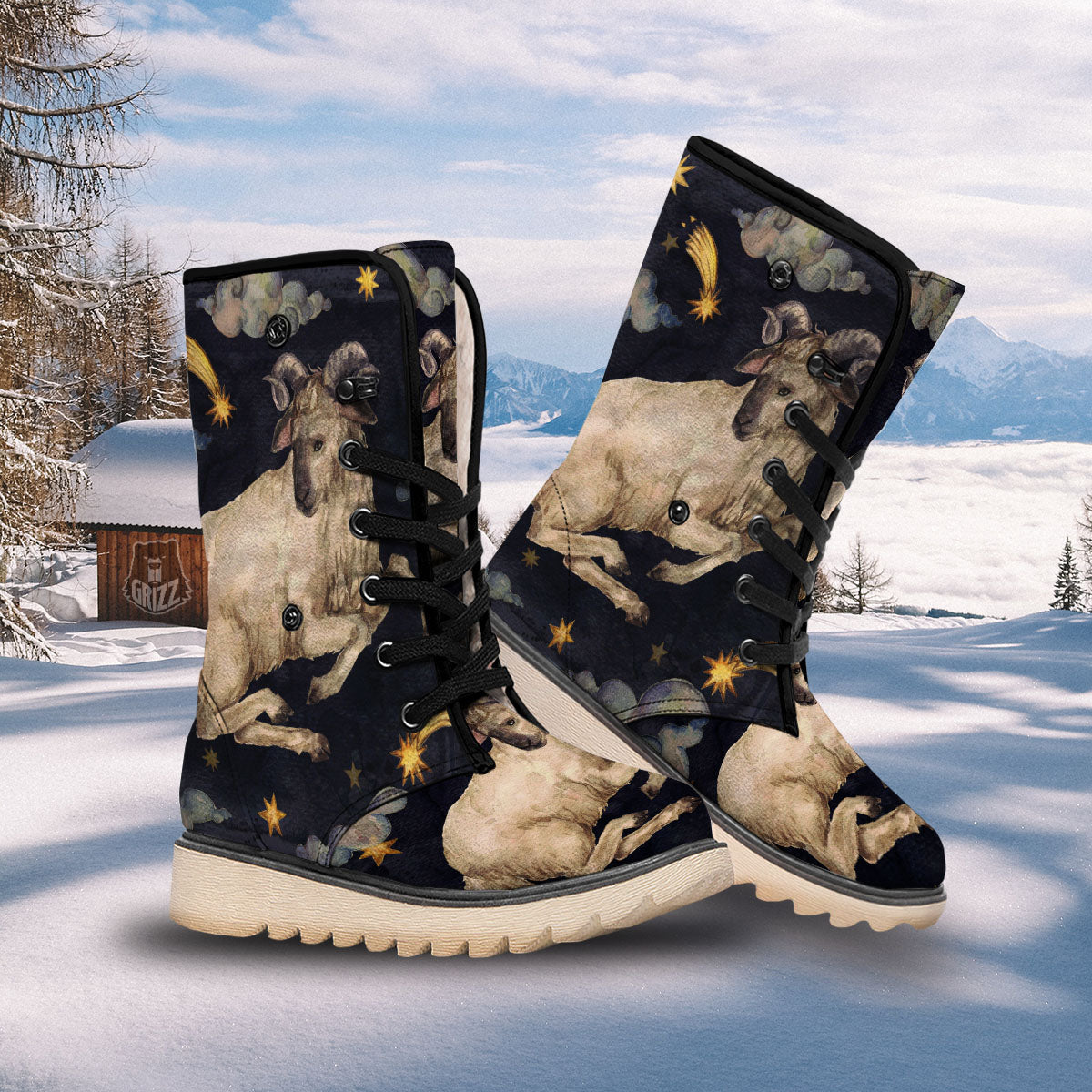 Zodiac Sign Watercolor Aries Print Snow Boots-grizzshop
