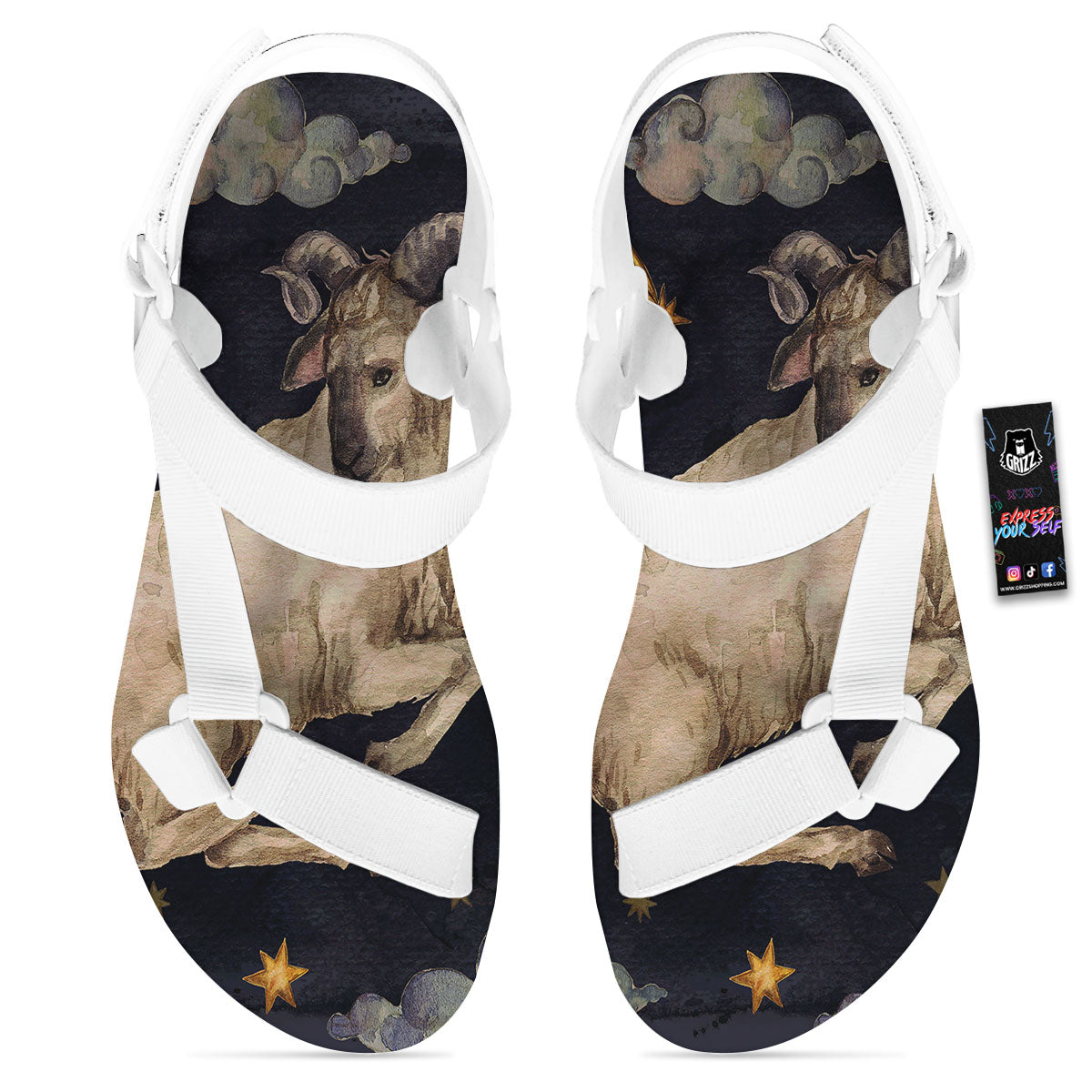 Zodiac Sign Watercolor Aries Print White Open Toe Sandals-grizzshop