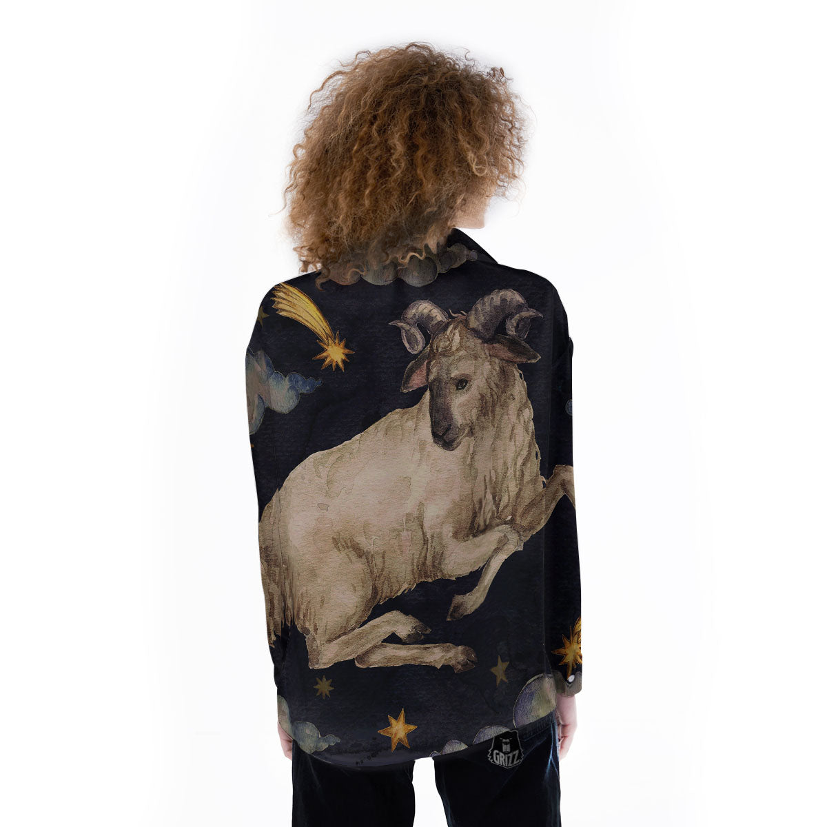Zodiac Sign Watercolor Aries Print Women's Long Sleeve Shirts-grizzshop