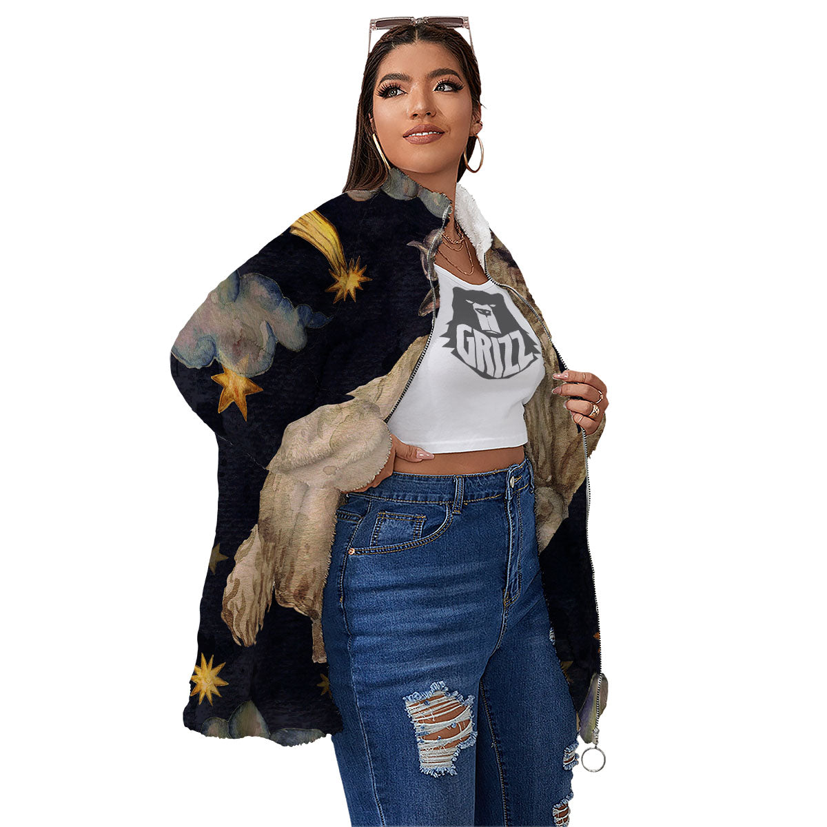 Zodiac Sign Watercolor Aries Print Women's Sherpa Jacket-grizzshop