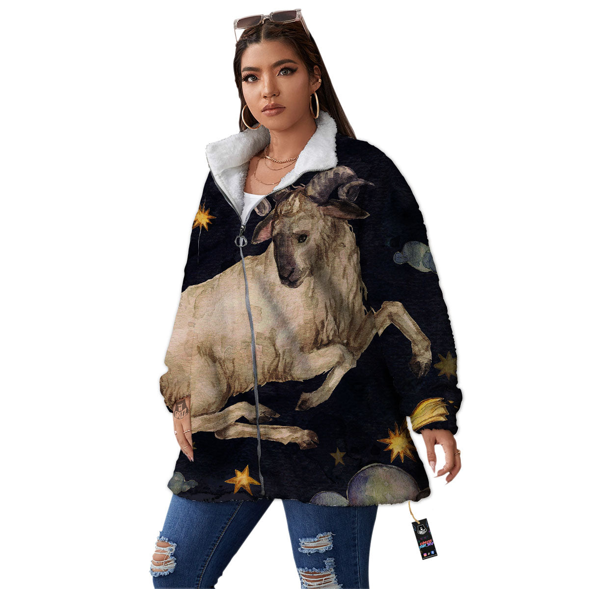 Zodiac Sign Watercolor Aries Print Women's Sherpa Jacket-grizzshop