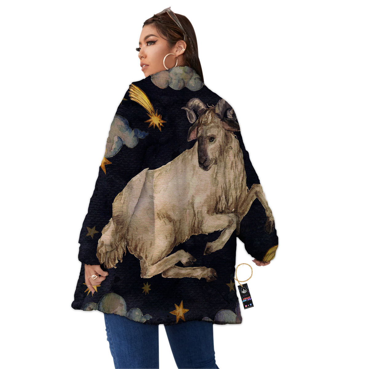 Zodiac Sign Watercolor Aries Print Women's Sherpa Jacket-grizzshop