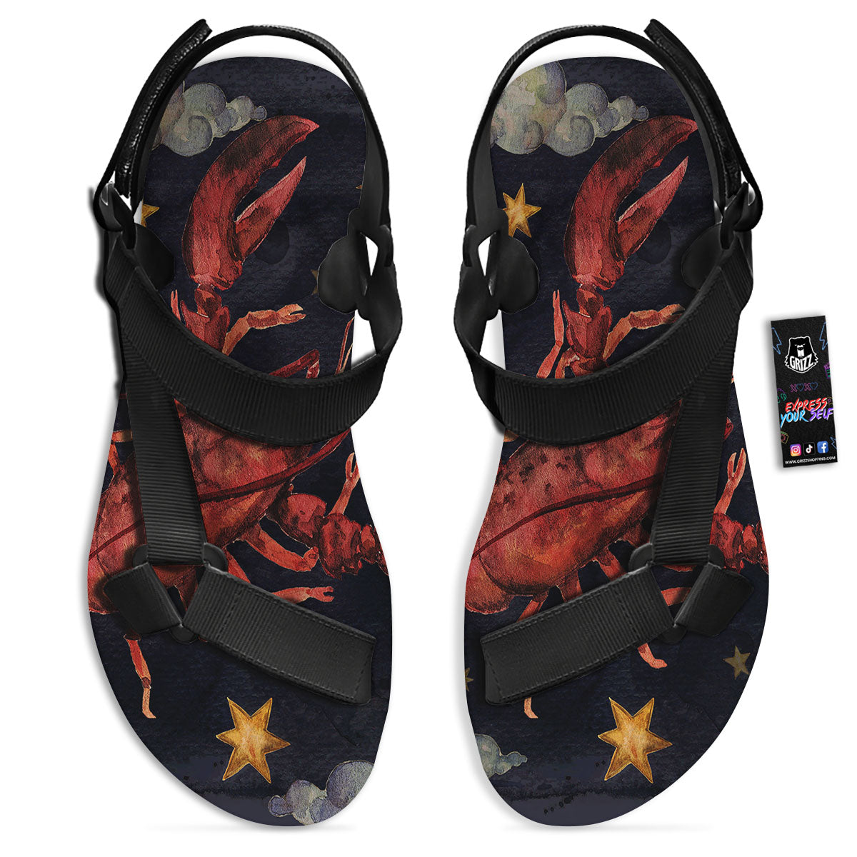 Zodiac Sign Watercolor Cancer Print Black Open Toe Sandals-grizzshop